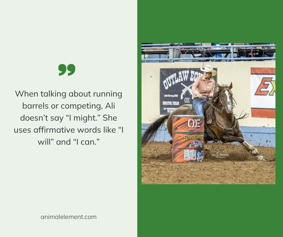 Woman in straw cowboy hat and pink shirt runs around a barrel on a horse, with a quote graphic next to her picture.