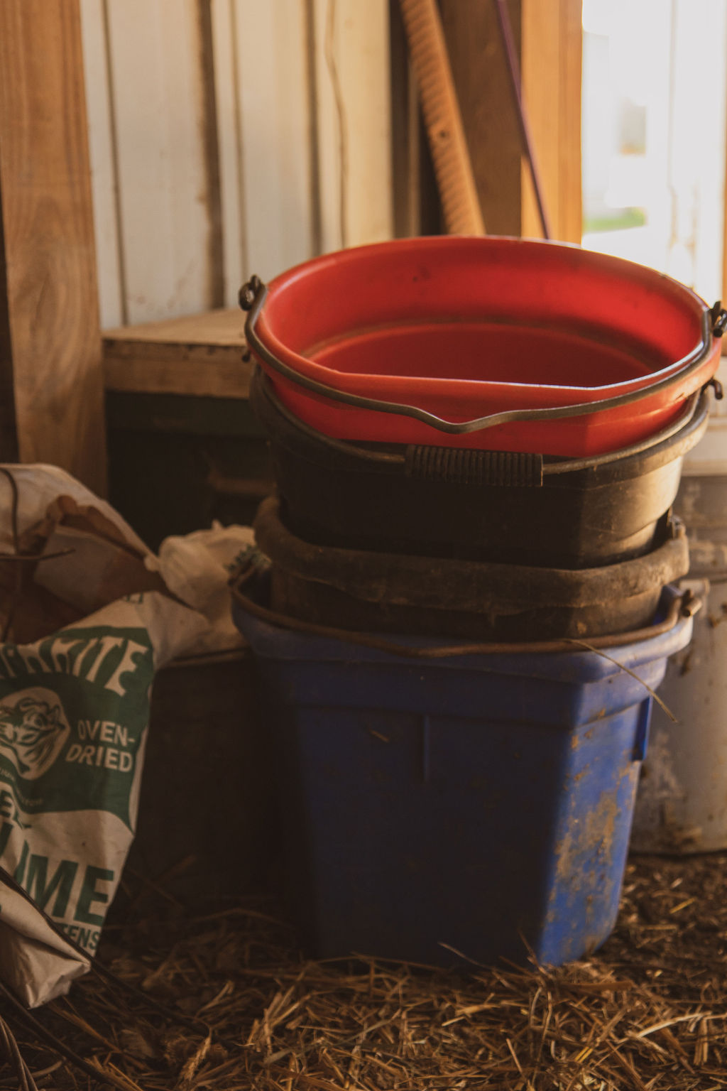 water buckets stacked preparing for good horse hydration