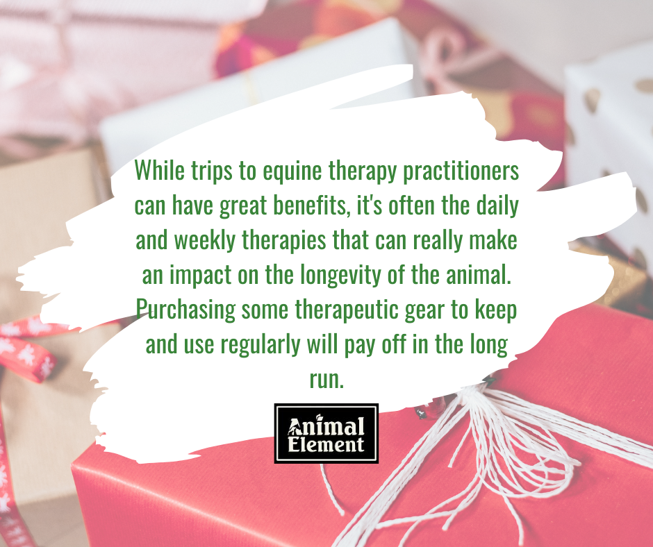 background-photo-of-wrapped-christmas-presents-with-graphic-about-buying-therapeutic-gear-for-horse-lovers
